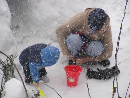 Let's dig some snow with our shovel and put it in our bucket.