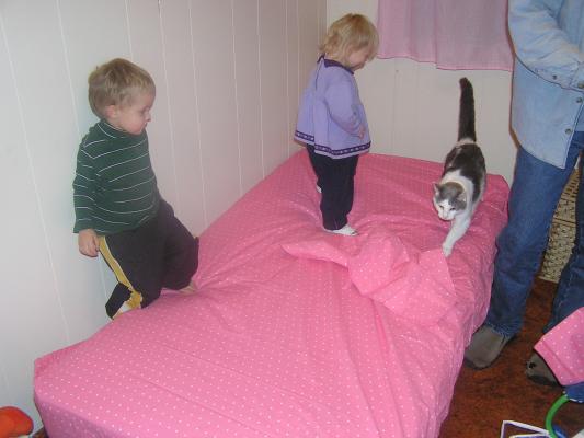 Noah, Sarah and Nimbus play on the new pink poka-dot sheets.