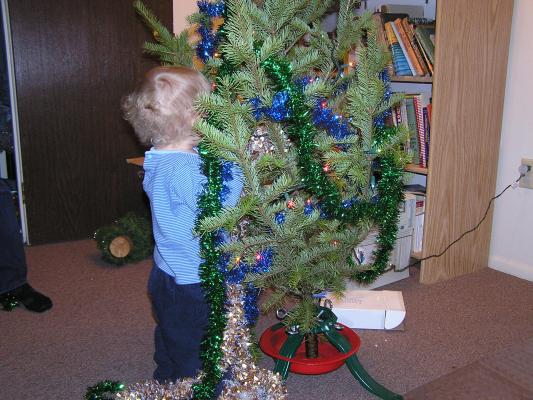 Noah decorates the tree.