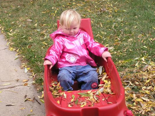 Sarah sits in the wagon with some leaves.
