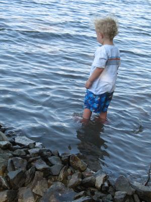 Noah plays in the lake by the rock bridge.