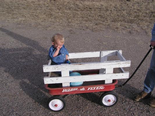 Noah rides in a Radio Flyer wagon at Great Grandma's house.