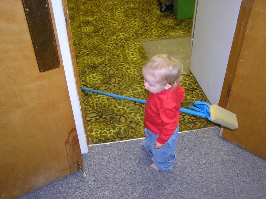 Noah helps with the cleaning.