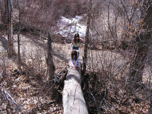 Andrea and Malia climbing up a log.