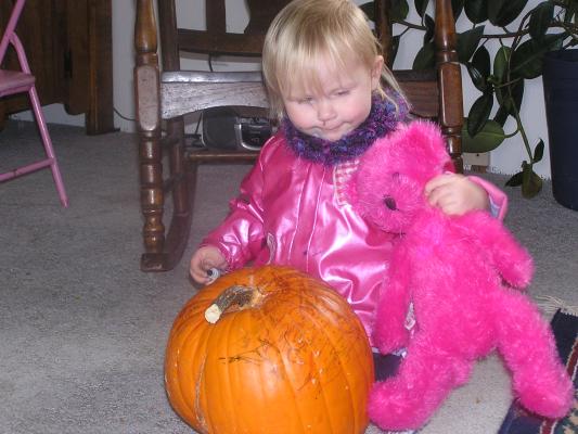 sarah and the pink bear color a pumpkin.