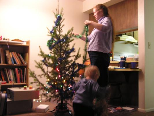 Mommy puts the green garland on the tree.
She might have a baby in her tummy.