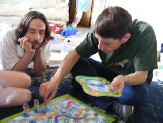 Mike and  David play a board game.