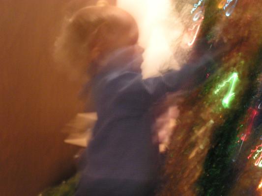 Noah helps decorate the tree.