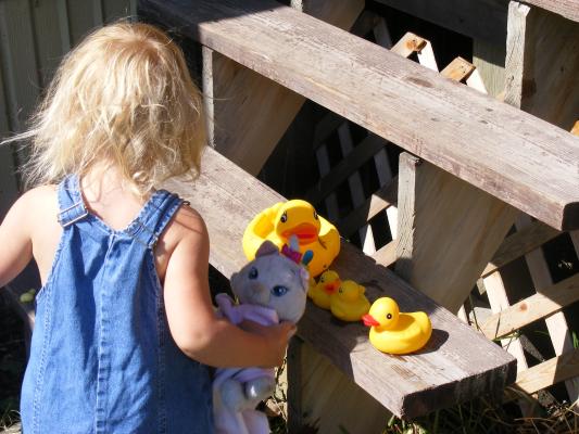 Sarah plays with ducks on the porch