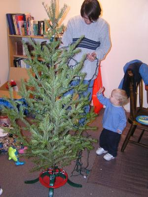 David and Noah decorate the Christmas tree.