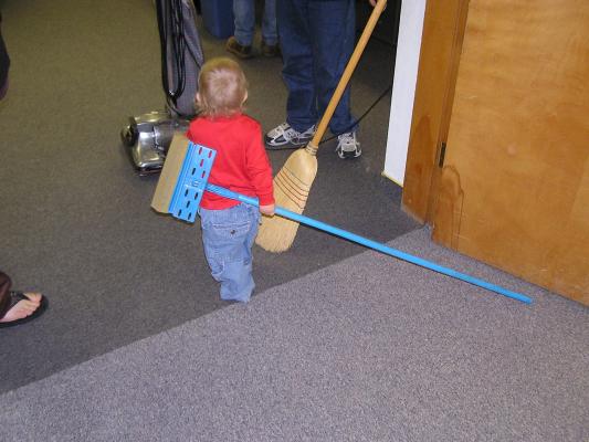 Noah helps with the cleaning.