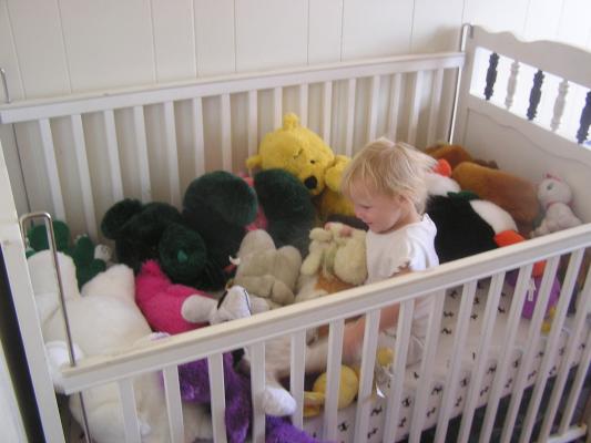 Sarah is playing in her crib with stuffed toys.
