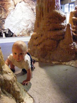 Joshua crawling in the fake cave at the Lewis and Clark caverns. 
Josh in the fake cave at the Lewis and Clark caverns.