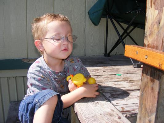 Noah plays with ducks on the porch.