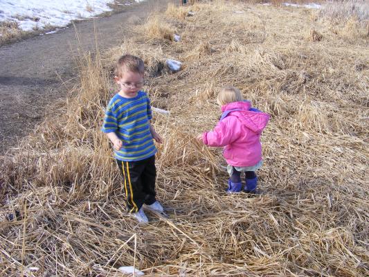 Noah (patching)  and Sarah out for Sunday hike.