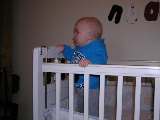 Noah with his cookie monster sweatshirt in his crib.