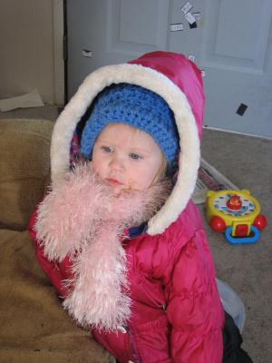 Sarah dressed warmly and ready to play