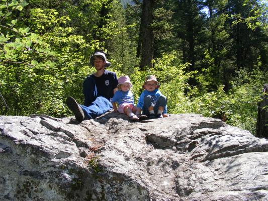 David, Noah and Sarah on a big rock in the Galatin National Forest.