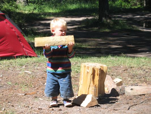 Noah carries wood to the fire.