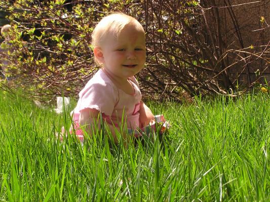 Sarah plays in the tall grass.