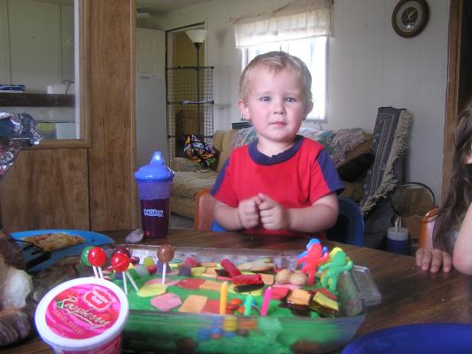 Three-year-old Noah with his candyland birthday cake