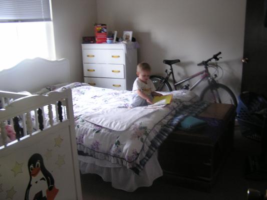 Noah reads a book on the bed.
