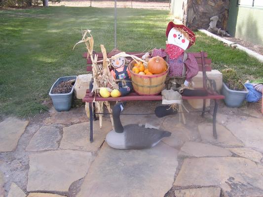 Scarecrows and vegtables.