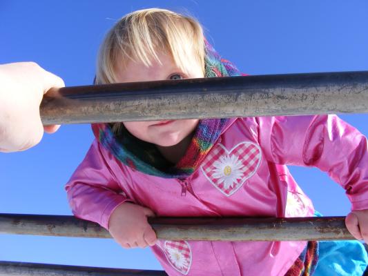 Sarah can climb to the top of the monkey bars. 
It makes Katie a little nervous.