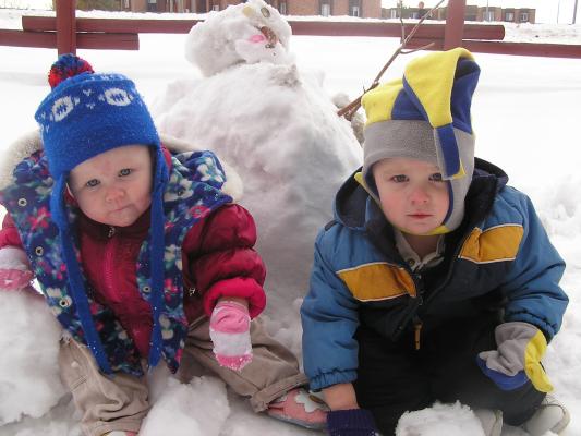 Here is the  short, fat snowman with his builders:  Sarah and Noah.