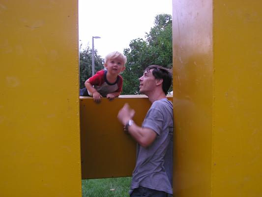 Noah and David play with the structure.