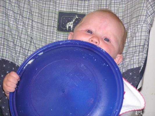 Sarah eats the blue plate.