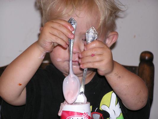 Noah needs a spoon and a fork to eat yogurt.