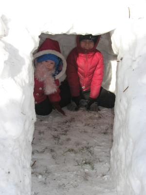 Sarah and Andrea in the snow fort
