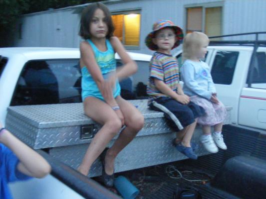Andrea, Noah and Sarah in Jim's truck.