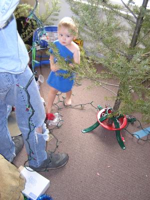 Noah, who put on his own shirt, helps put lights on the tree .