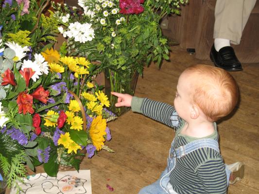 Steven plays with great grandpa's flowers.