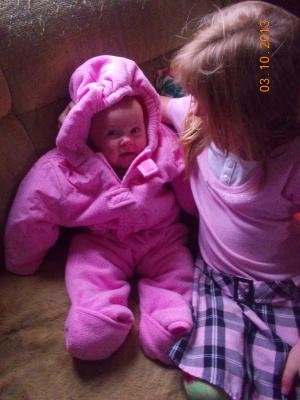 Hannah's snow suit. She is not too fond of it. But she is cute.