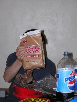 David hiding behind the ginger snaps and pepsi.