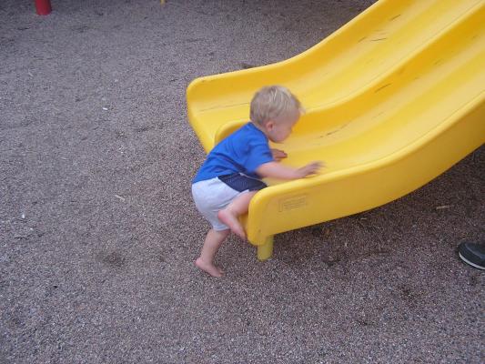Noah goes back up the slide.
