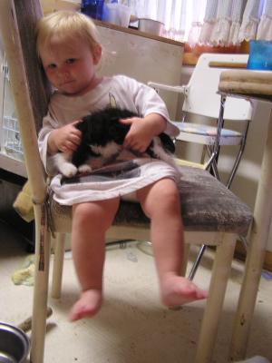 Sarah sits on a chair with a black and white kitten