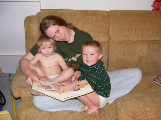 Library books are fun for Sarah, Mom and Noah