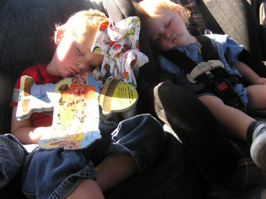 Noah and Sarah asleep in their car seats
