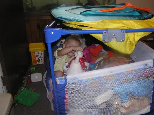 Noah swims in toys in the play pen.